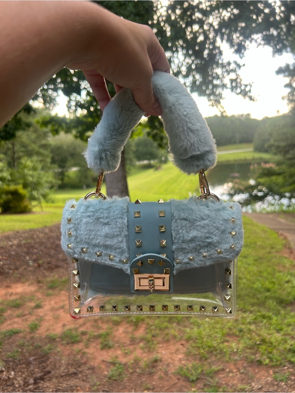 Blue Faux Fur & Clear Studded Mini Top Handle Crossbody Bag